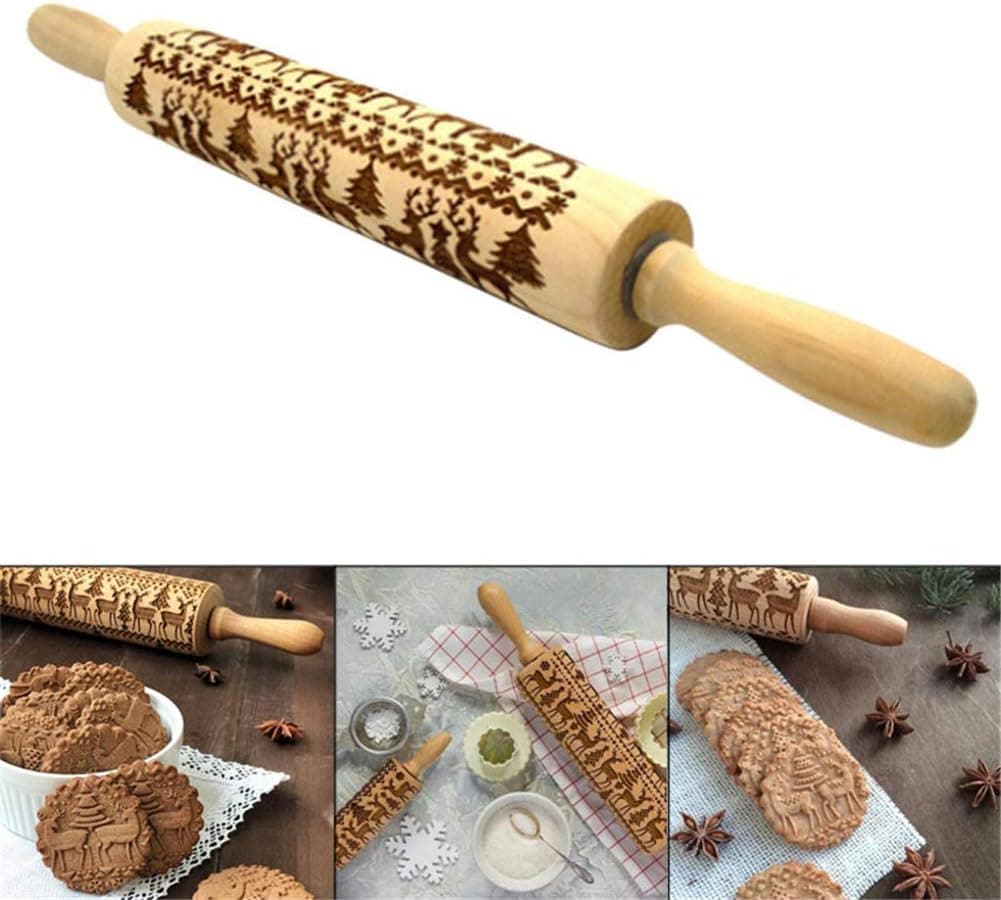 Christmas Wooden Rolling Pins, Engraved Embossing Rolling Pin with Christmas Symbols for Baking Embossed Cookies Kitchen Tool