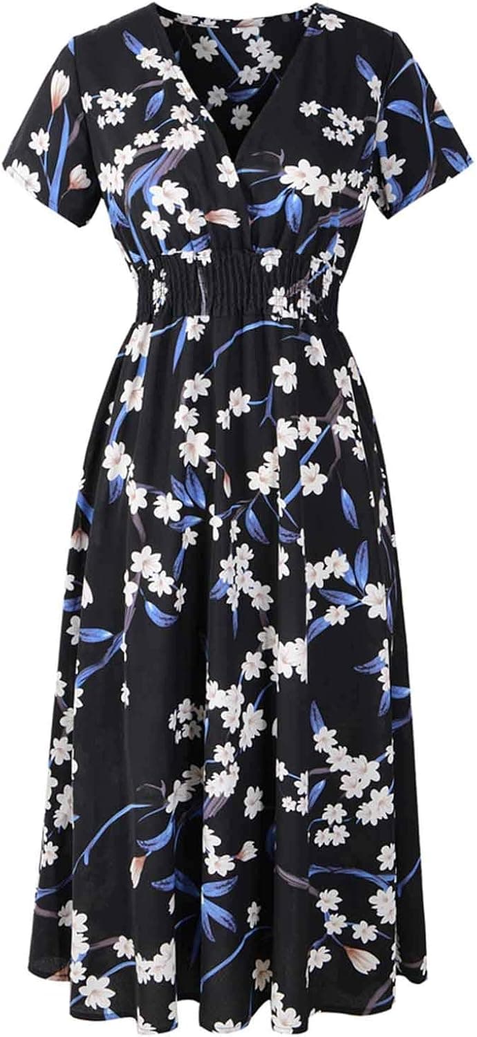 Womens Dresses Summer Casual V Neck Party Polka Dot Floral Dress Plus Size