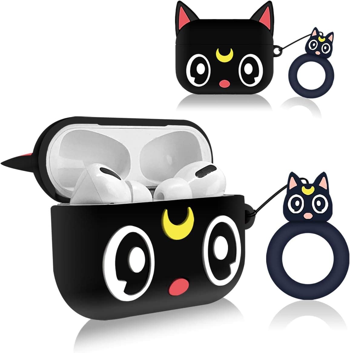 Black Sailor Moon Airpods Pro Case, 3D Cute Cartoon Character Protective Soft Silicone Apple Airpods Pro Cover with Keychain, Kawaii Anime Animal Skin Accessories Gift for Girls Kids Teens(Luna Cat)