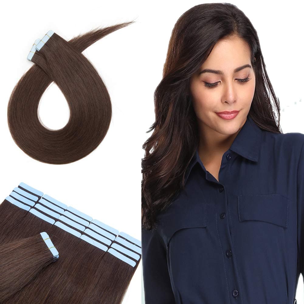 Hairro 14 Inch Real Human Hair Tape in Hair Extensions Thin #2 Dark Brown Long Straight Hair Seamless Skin Weft Glue in Human Hairpieces with Invisible Double Sided Tape 20pcs/pack 30g