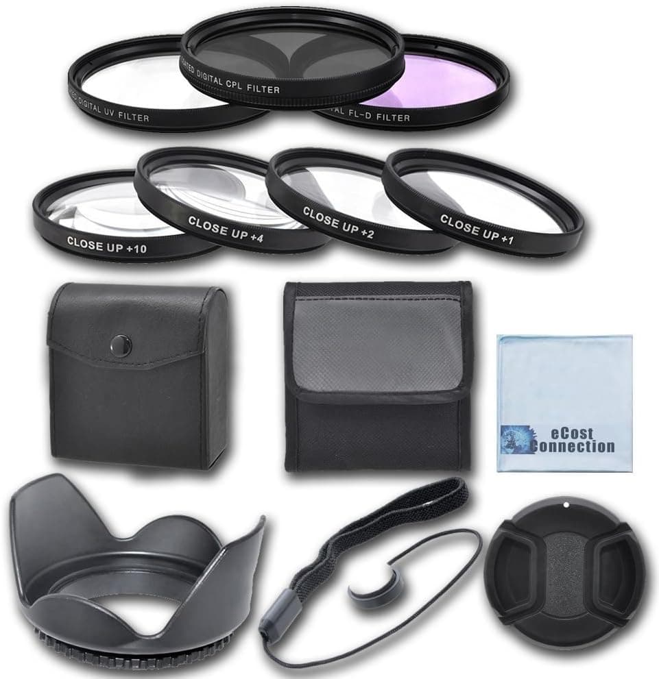 58mm High resolution Pro series Multi Coated HD 3 Pc. Digital Filter Set + 58mm Pro Series High Quality 4pc HD Macro Close Up Filter Set +1 +2 +4 +10 + Hard Tulip Lens Hood + Universal Lens Cap Keeper + Snap On Lens Cap For Canon T1i, T2i, T3, T3i, T4i, T5, T5i, SL1, 1D, 5D, 5D Mark II, 5D Mark III, 6D, 7D, 10D, 20D, 30D, 40D, 50D, 60D, 70D Cameras And More + eCost Microfiber Cleaning Cloth