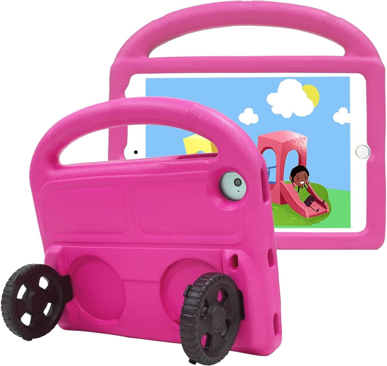 Xboun Kids Case for iPad Mini 5 4 3 2 (Old Model，7.9In) - Car Wheel Series EVA Shock Proof Handle Friendly Convertible Stand Case for iPad Mini 5 (2019) Generation, Mini 3rd Tablet (Rose-Car)