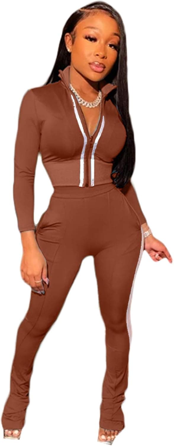 Women 2 Piece Sweatsuit Outfit Long Sleeve Solid Color Zip Up Top + Skinny Long Pants Jogging Suit Tracksuit Set Coffee