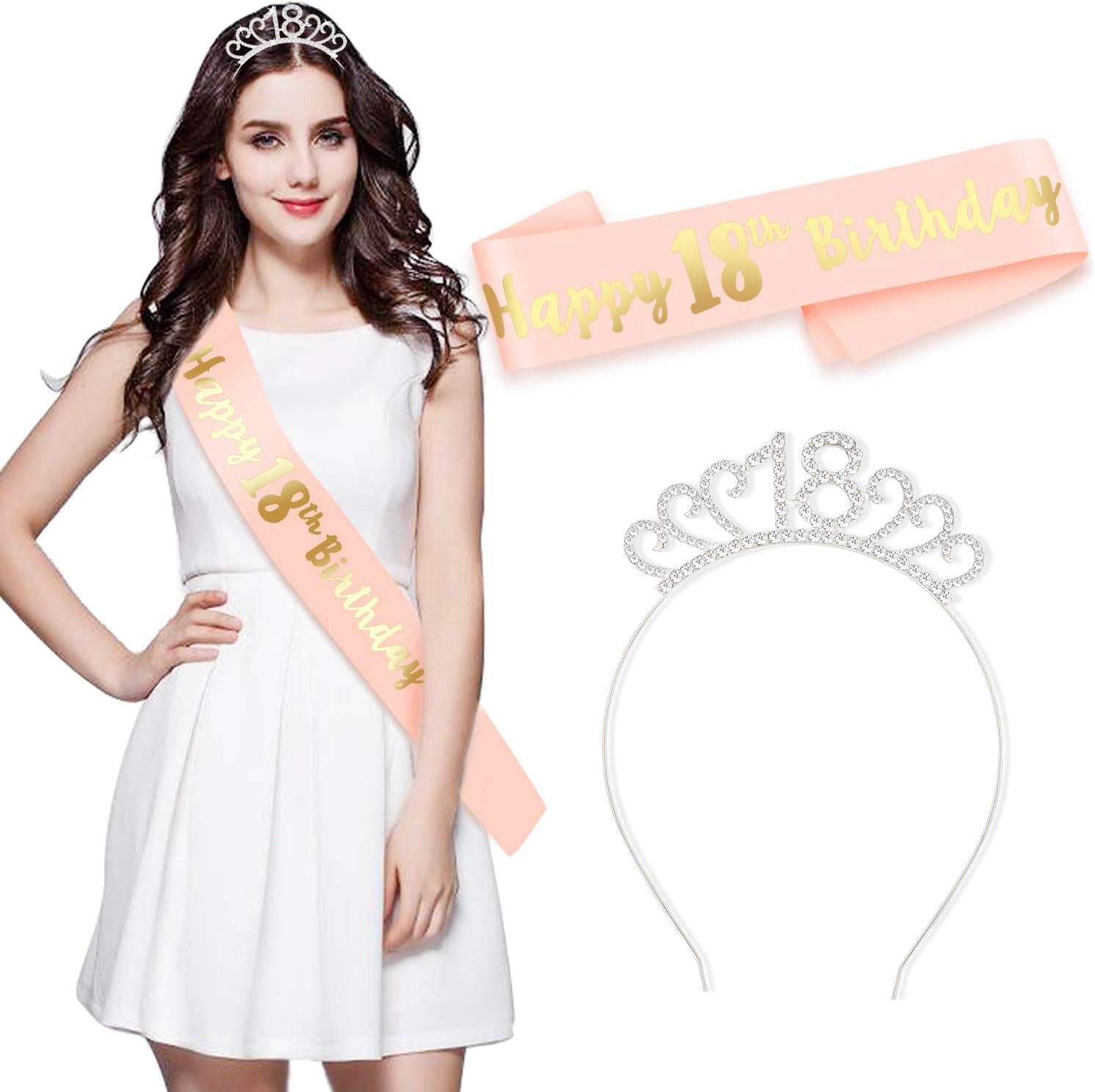 Konsait Rose Gold Happy 18th Birthday Sash and 18 Birthday Tiara Rhinestone Crown Headband for 18 Birthday Gift Party Favor Supplies Accessories 18th Birthday Decoration Girls Women