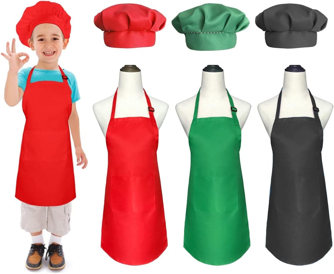 XEEYAYA 6 Pieces Adjustable Kids Apron and Chef Hat for Painting Art Baking, Colored Cooking Apron for Kids Child with Pockets (6 Pieces, Multicolored)