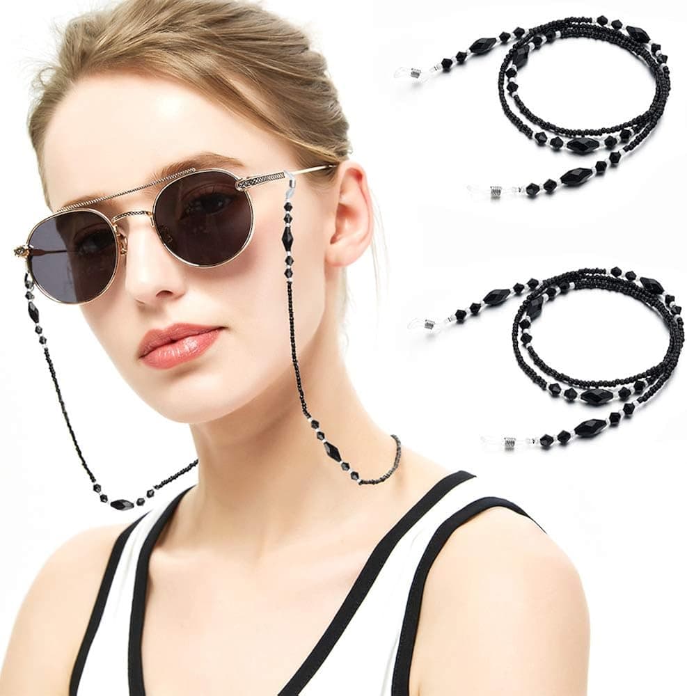 Tomorotec [2 Pack] Pearl Eyeglasses Holder Strap Cord, Eyeglass Retainer, PREMIUM Black Beaded Eyeglasses String Holder Chain Necklace, Glasses Cord Lanyard with Free Microfiber Cleaning Cloths