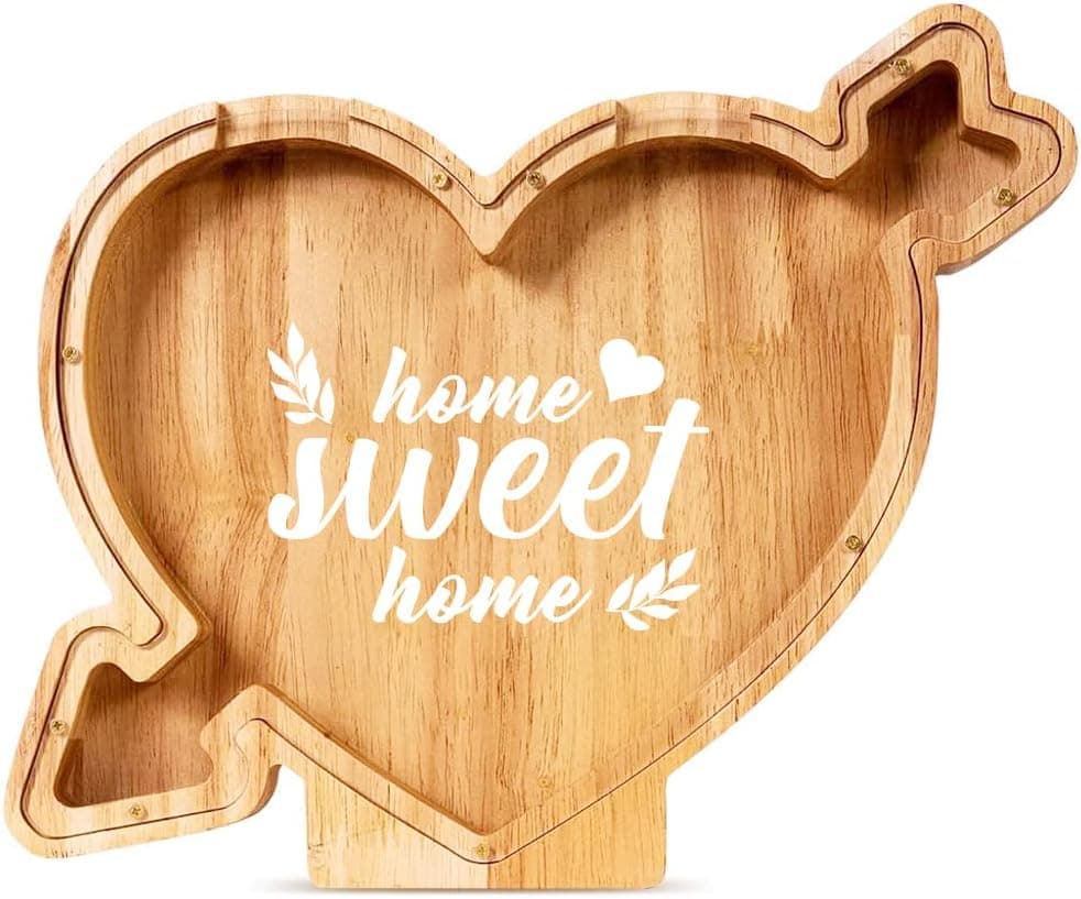 Sweet Home Printing Heart Piggy Bank - Personalized Creative Piggy Bank, Wooden Decorative Piggy Bank, Frame Birthday, for Kids Adults Boys Girls for Home Decoration (Heart-)