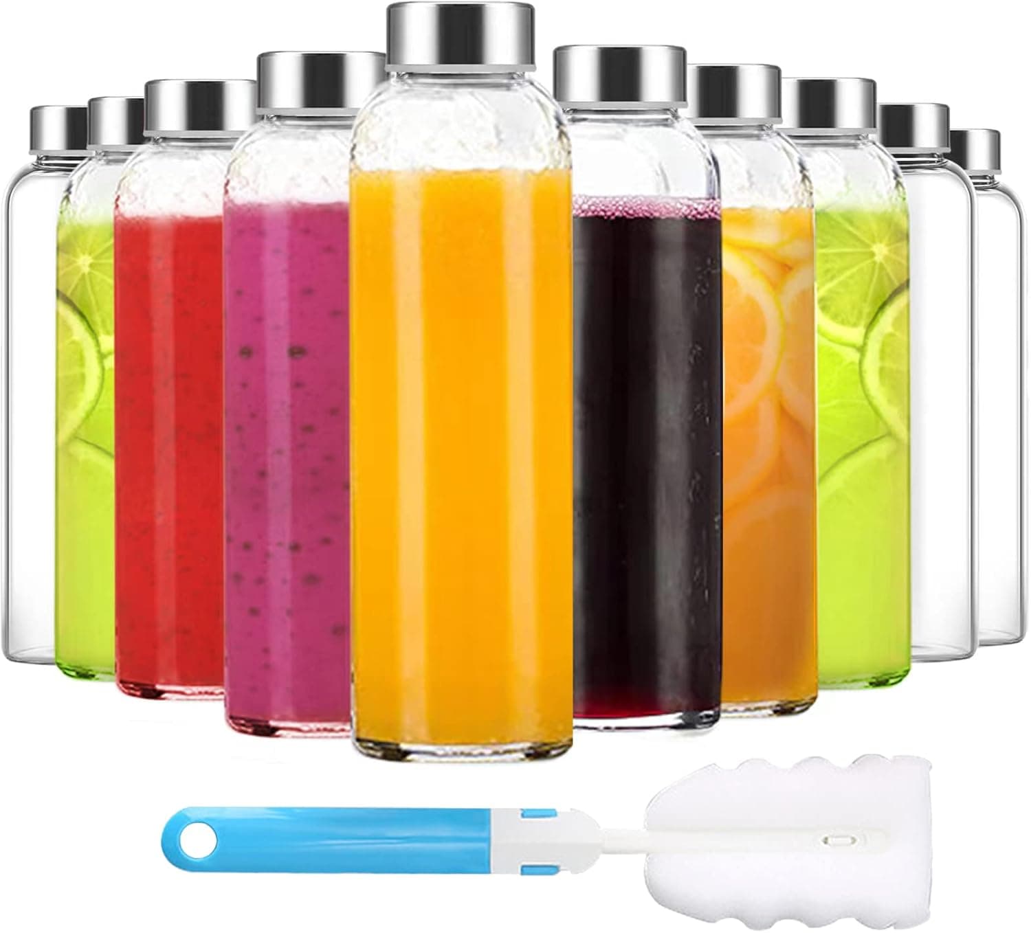 Luxfuel 18 oz Clear Glass Bottles with Lids, Reusable Glass Water Bottles with Stainless Steel Cap for Juicing,Refrigerator,100% Leak Proof, BPA Free Eco Friendly,Water Bottle Set of 10