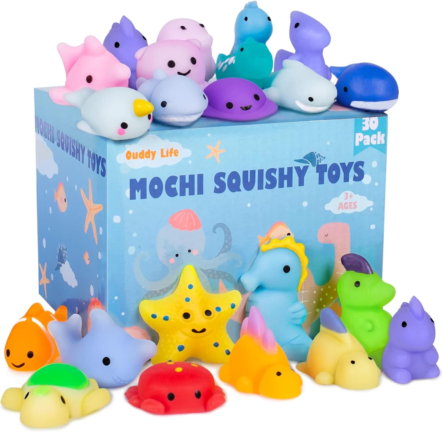30 Pcs Mochi Squishy Toy, Kawaii Mini Squishies of Dinosaurs & Sea Animals, Stress Relief Mochi Squishy Toys for Kids, Birthday Gifts, Classroom Prizes, Easter Egg Fillers Goodie Bag Stuffers