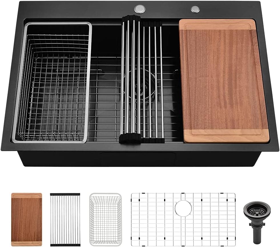 28 Inch Black Kitchen Sink Drop In Workstation-VASOYO 28x20 Inch Topmount Drop In Kitchen Sink 16 Gauge Matte Black Stainless Steel Single Bowl Overmount Sink with Cutting Board