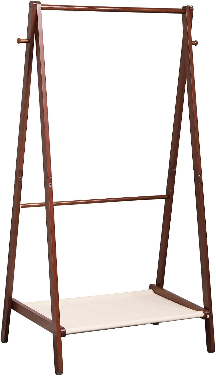 IBUYKE Wooden Garment Racks, Foldable Pine Clothes Laundry Rack with 1-Tier Storage Shelves and 4 Coat Hooks A-Frame Design Garment Stand for Entryway and Bed Room, Brown URF-1027