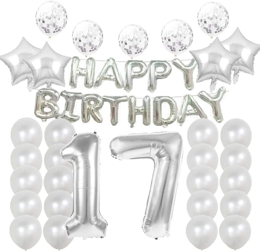 17th Birthday Decorations Party Supplies,17th Birthday Balloons Silver,Number 17 Mylar Balloon,Latex Balloon Decoration,Great Sweet 17th Birthday Gifts for Girls,Photo Props