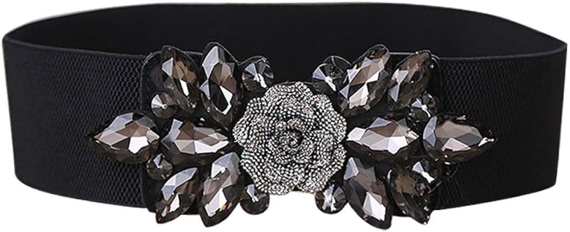 E-Clover Fashion Floral Rhinestone Buckle Women's Elastic Waist Cinch Belt for Dress for Waist Size 25''-32''