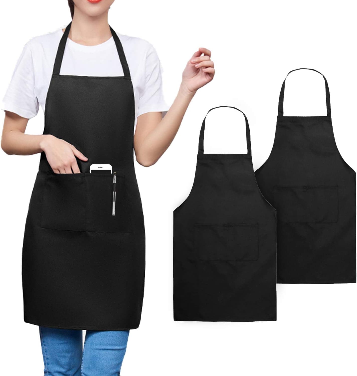 TRENDBOX 2 Pack Aprons for Women Men (Full Adult Size) Black Kitchen Aprons with 2 Pockets Durable Personalized Aprons for BBQ Kitchen Cooking Baking Crafting Restaurant