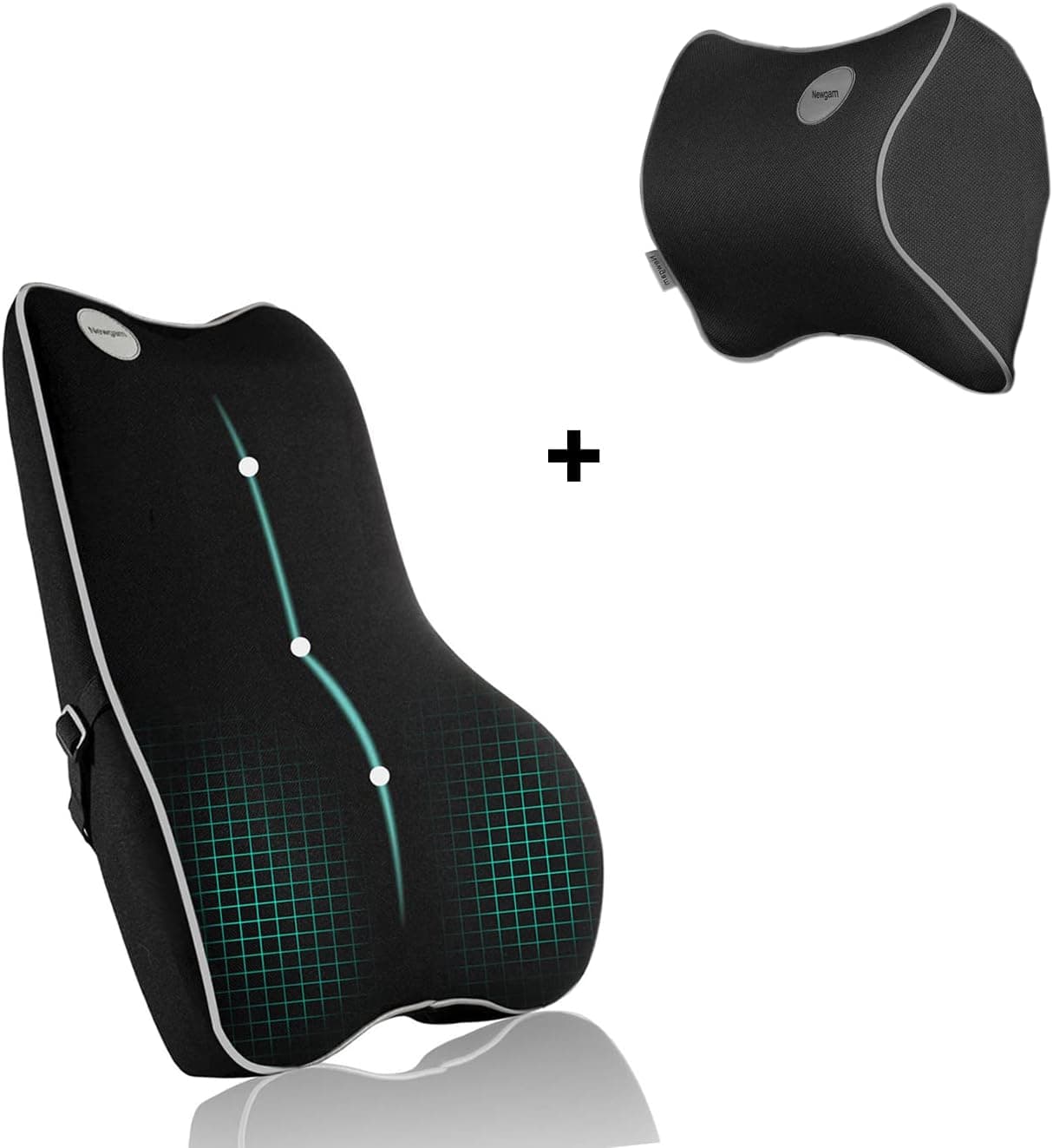 Newgam Lumbar Support Pillow + Car Pillow,Pure Memory Foam Back for Car Seat,Computer Chair,Office Chair