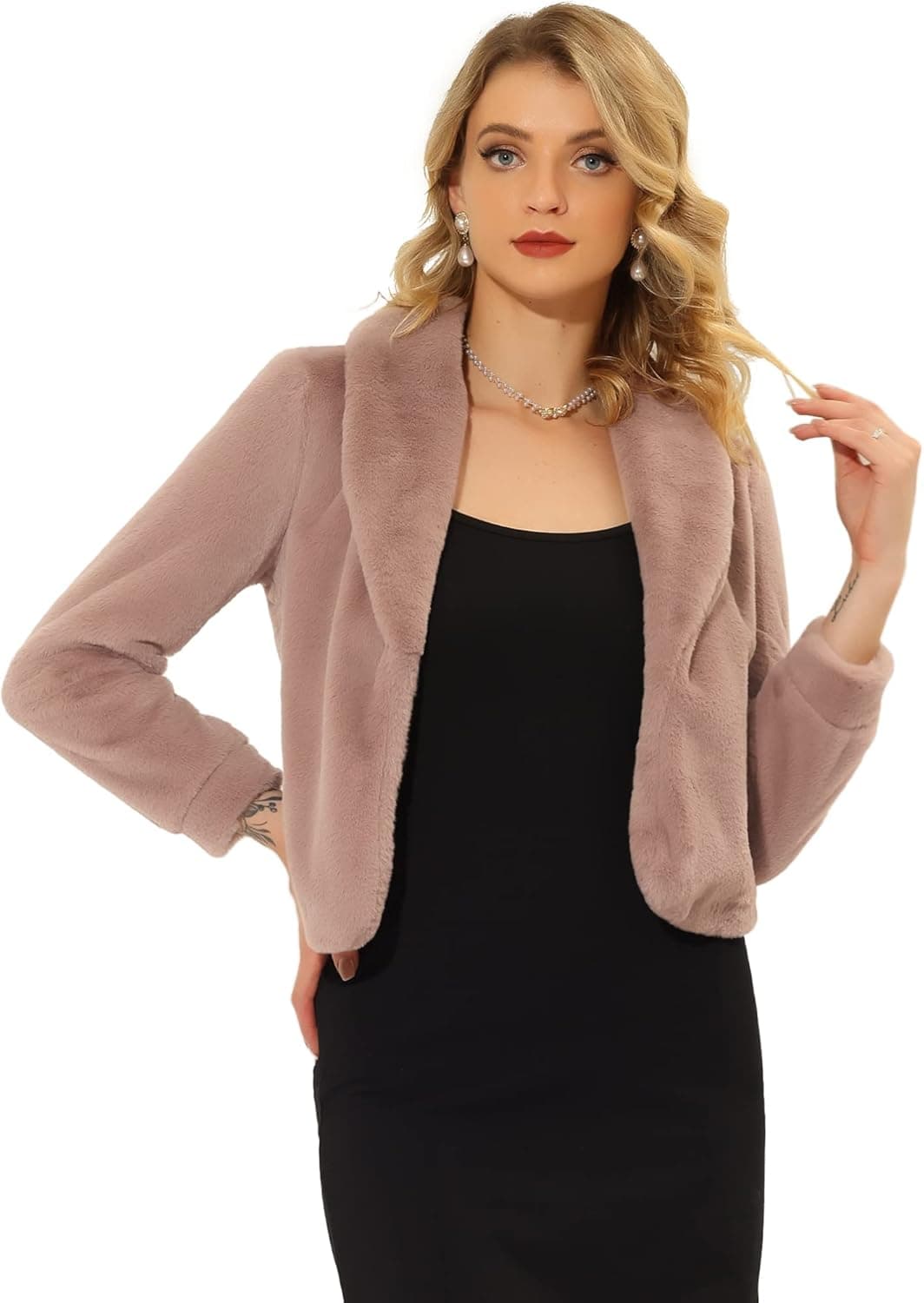 Allegra K Women's 2023 Fasion Winter Cropped Jacket Lapel Long Sleeve Faux Fur Fluffy Coat