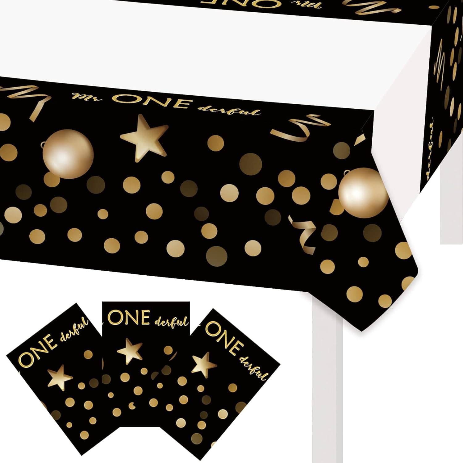 3pc Mr Onederful Themed Birthday Party Tablecloth, 70.8 x 42.5 inch Black and Gold Waterproof Disposable Table Cover for Little Man/Bow Tie/Wonderful 1st Birthday Party Supplies Decorations