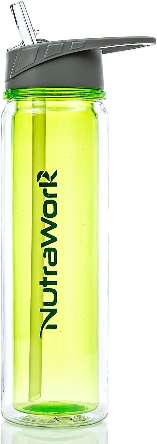 NutraWork Best Insulated Plastic Water Bottle with Straw BPA Free Double Wall Vacuum Sealed- Does NOT Sweat- Lime Green 20oz Flip Top Wide Mouth Design and Made of Tritan Material
