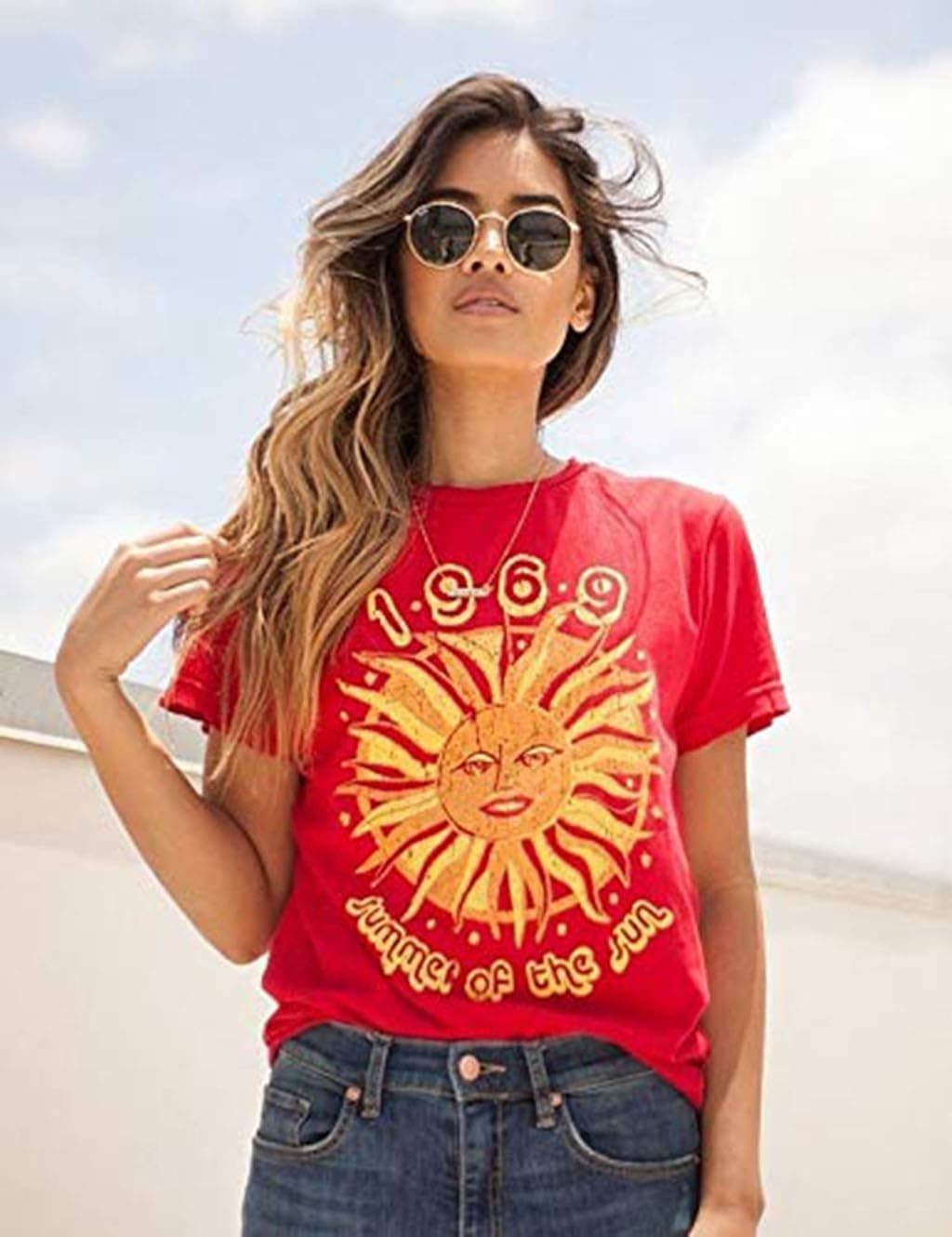 Hylong 1969 Summer of The Sun Graphic T-Shirt Women 70s Vintage Fashion Tee Casual Short Sleeve Shirt Hipsters (XXL, Red)