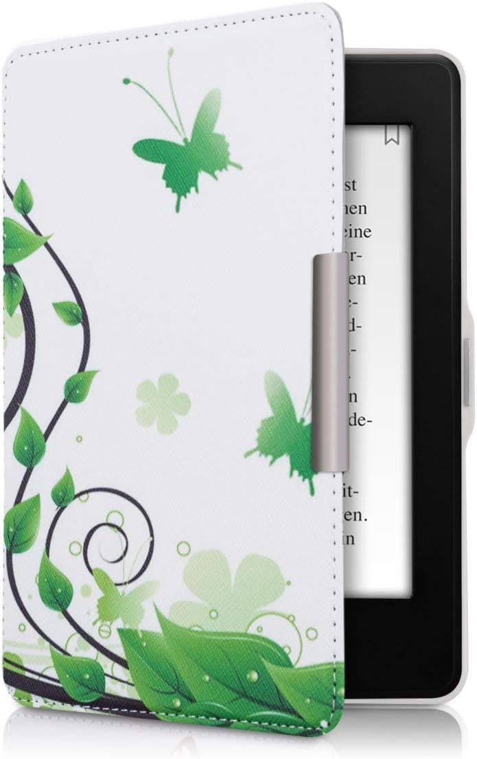 kwmobile Case Compatible with Amazon Kindle Paperwhite - Case e-Reader Cover - Butterfly Leaves Green/White