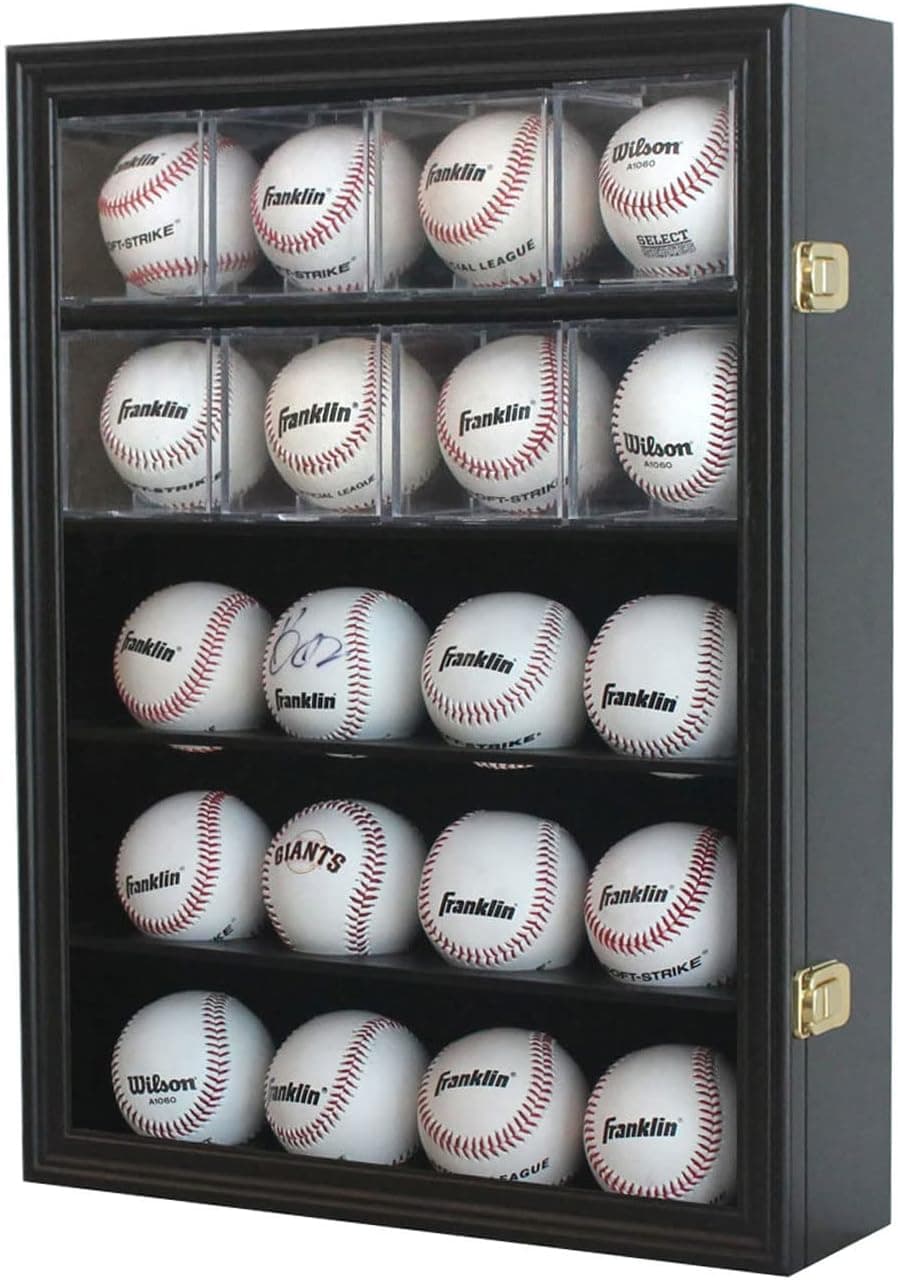 Baseball Display Case Baseball Case 20 Baseball Holders Wall Display Box 98% Clear Antifade UV Protection with Gold Locks for Homerun Autograph Balls Black Finish