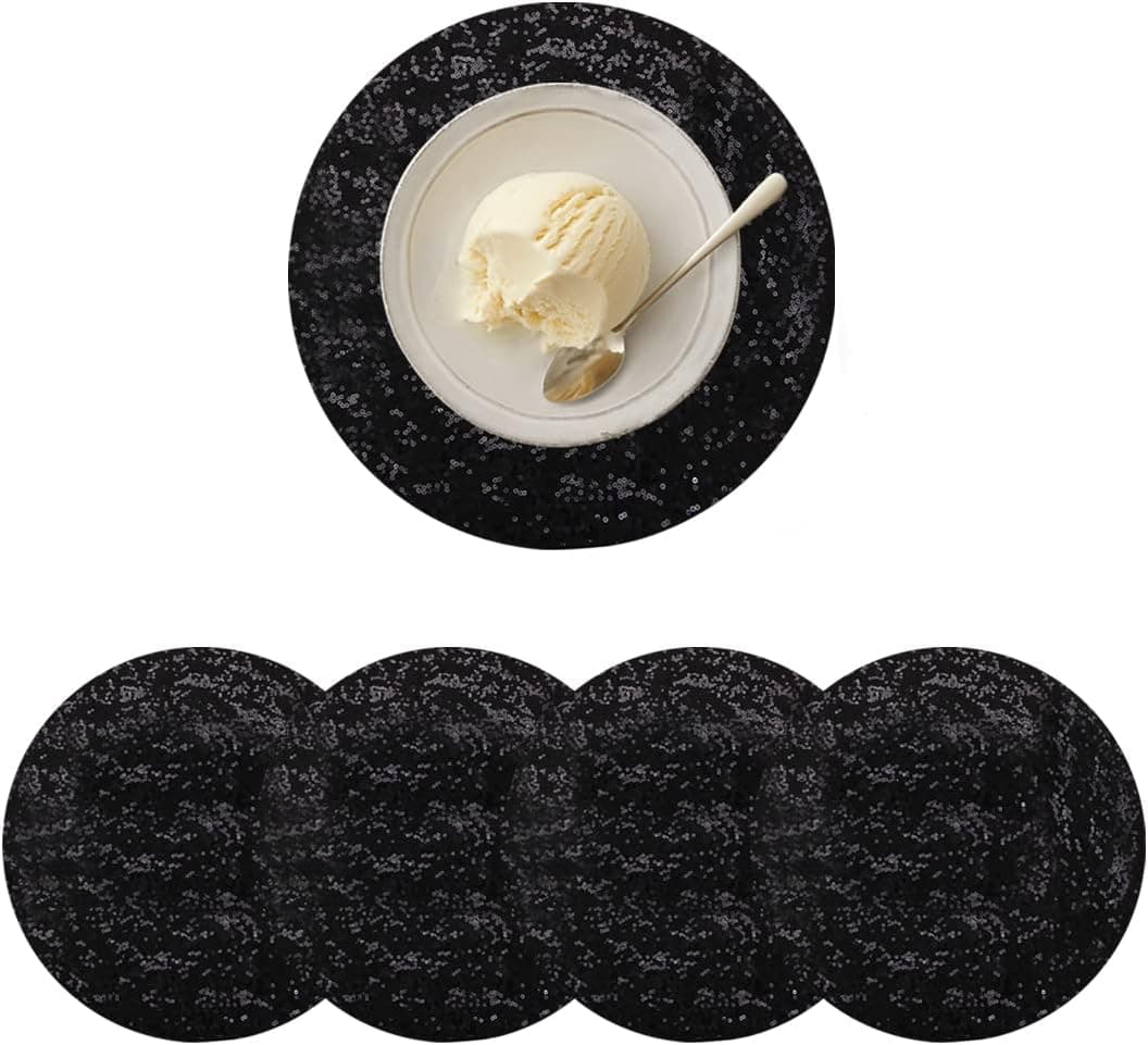 SquarePie Sequin Placemat Sparkly for Dining Table Kitchen Dinner 15 Inch Round Set of 4 Black