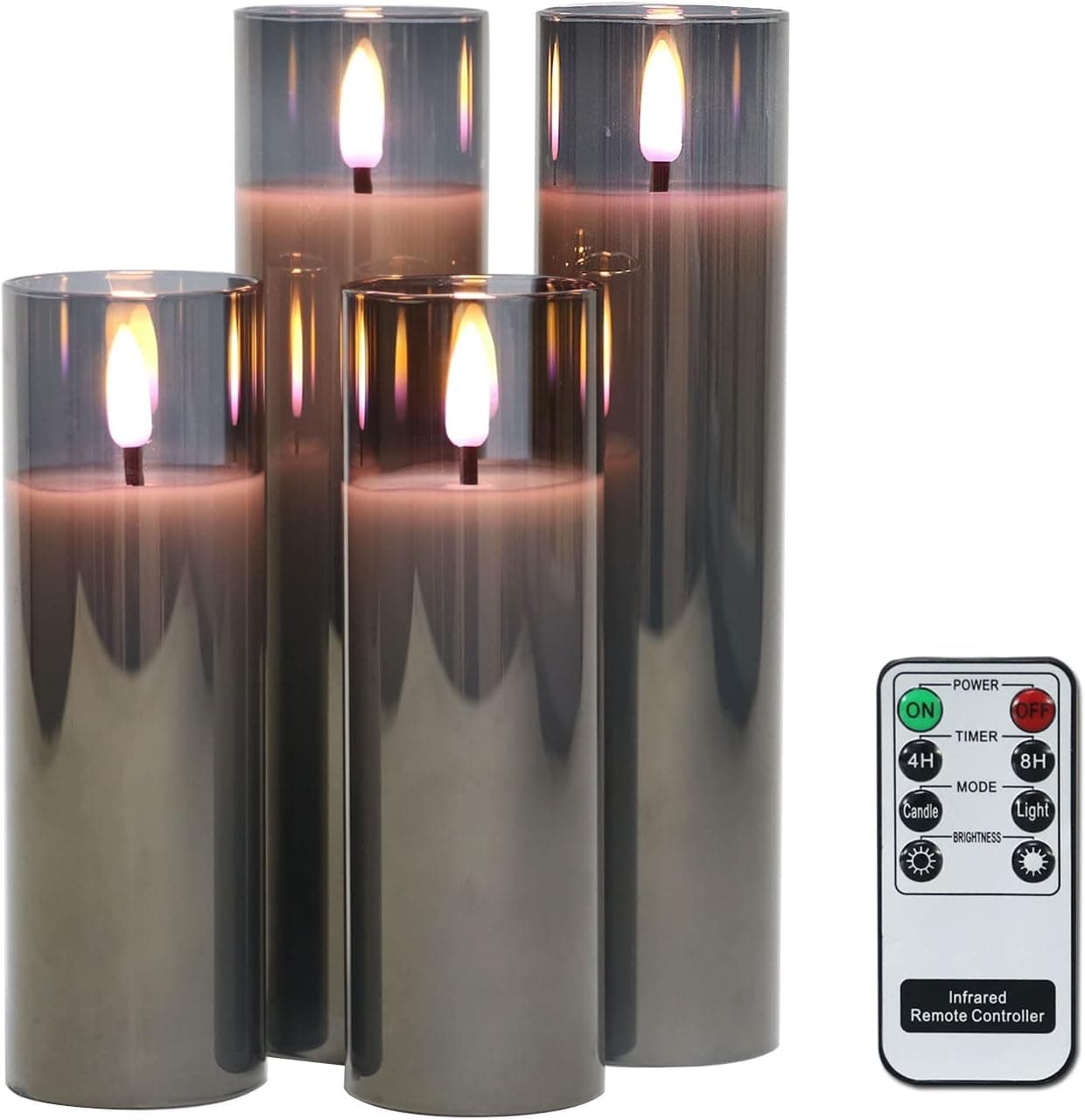 Rhytsing Glass Battery Operated LED Candles, White Slim Flameless Candles with Remote, Warm White Light, 8 Batteries Included - D 2‘’ - Set of 4 (Gray)