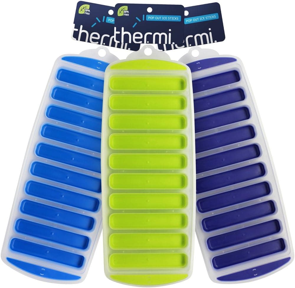 Thermi Ice Cube Tray with Easy Release Push Pop Out Narrow Ice Stick Cubes for Small Mouth Sport Water Bottles like S'well 'Cola' Vacuum Insulated Bottles (3 Pack)