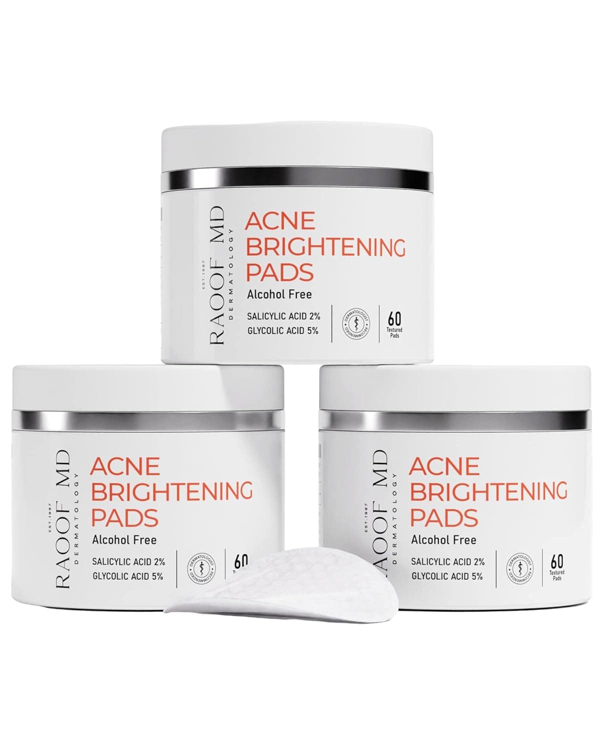 RAOOF MD Acne Brightening Pads - Acne Pads with 5% Glycolic Acid Pads + 2% Salicylic Acid Pads & Alcohol-Free. Acne Wipes for Face and Body. Acne Pads for Face. Most Effective Acne Treatment (3 Pack)