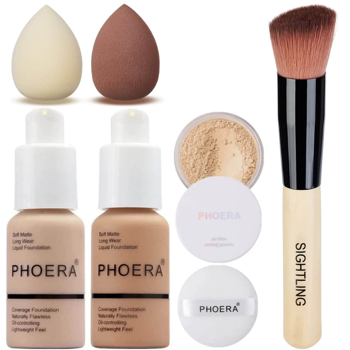 PHOERA 30ml Foundation Liquid Full Coverage 24HR Matte Oil Control Concealer (Nude #102)(Buff Beige #104) with Puff (Cool Beige #02) & Wooden Handle Foundation Make up Brush