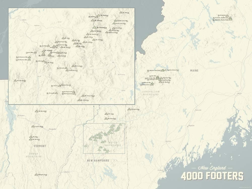 Best Maps Ever New England 4000 Footers Map 18x24 Poster (Beige & Slate)