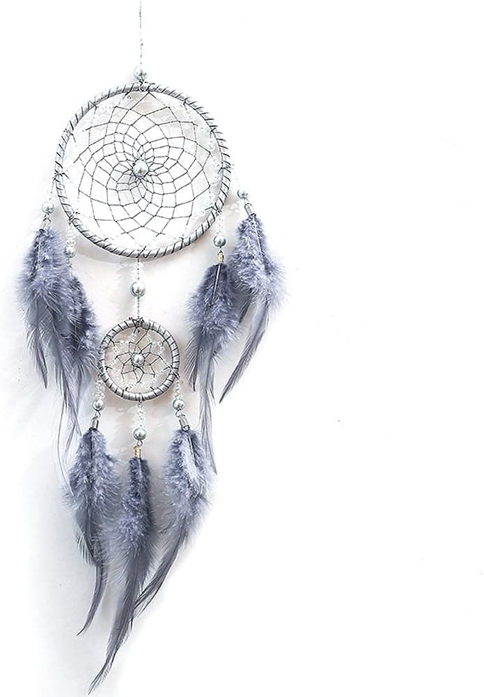 HBEDU Dream Catchers Handmade with Feather and Beads Craft Artwork Circular Net for Car Kids Bed Room Wall Hanging Home Decoration Pack of 1 (Gray)