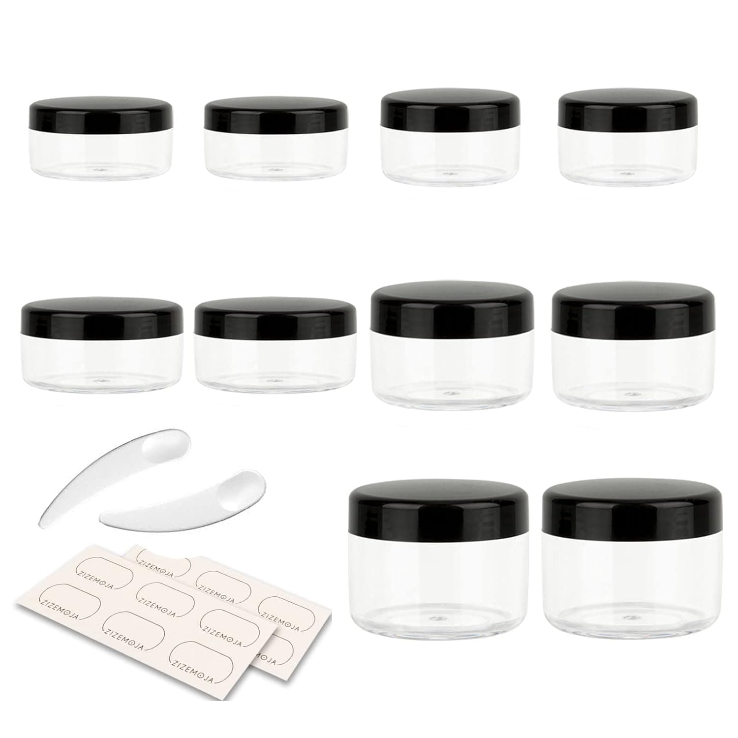 10 Pieces Small Travel Containers, 3/5/10/15/20 Gram Size Travel Jars, Cosmetic Travel Size Containers for Lotions and Creams, Plastic Sample Containers Jars with 12pcs Labels, 2pcs Mini Spatula