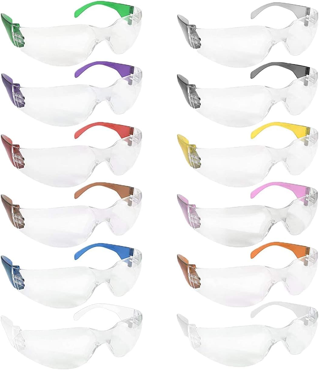 SAFE HANDLER Protective Safety Glasses, Clear Polycarbonate Impact and Ballistic Resistant Lens, Variety Pack, 12 Colors (1 Pair each color = 12 PAIRS)
