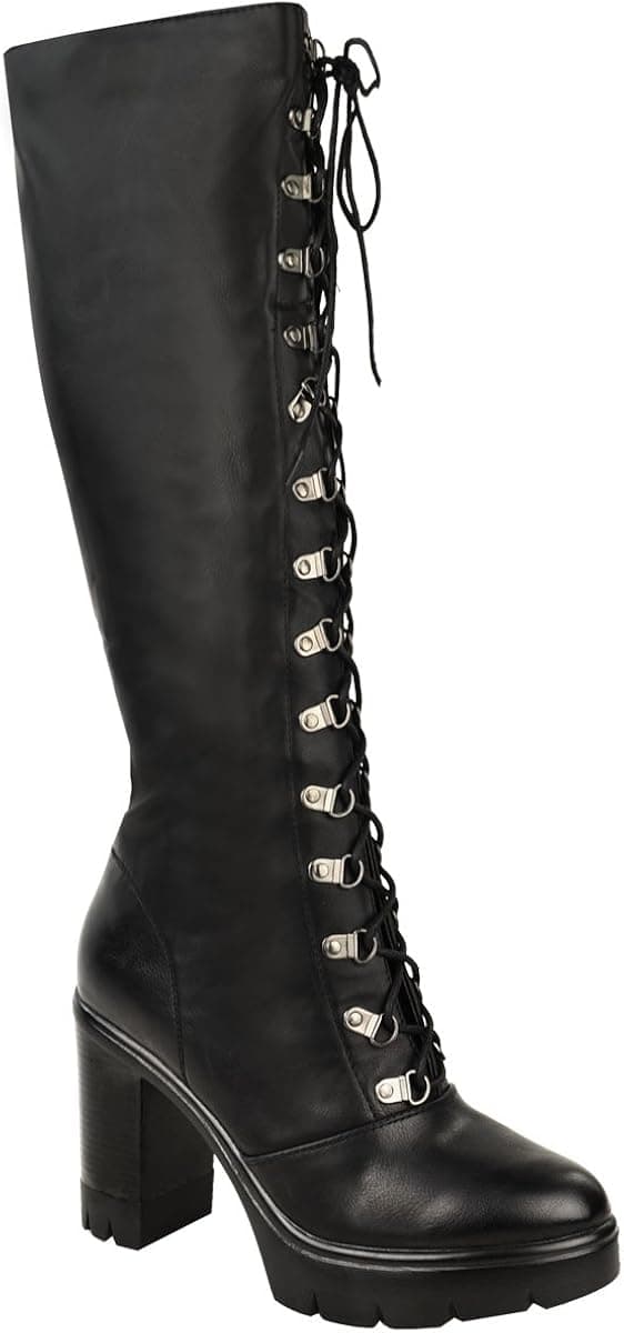 Fashion Thirsty Womens Chunky Block Heel Cleated Sole Lace Up Goth Punk Knee High Biker Boots Size