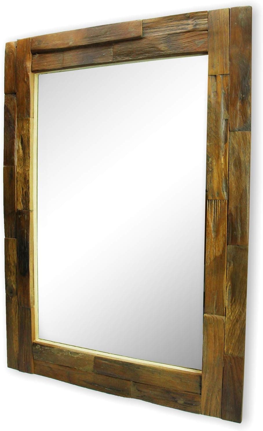 roro Distressed Wood Mounted Hanging Framed Mirror, Rustic Wood Slat Style 29 x 21 Inch