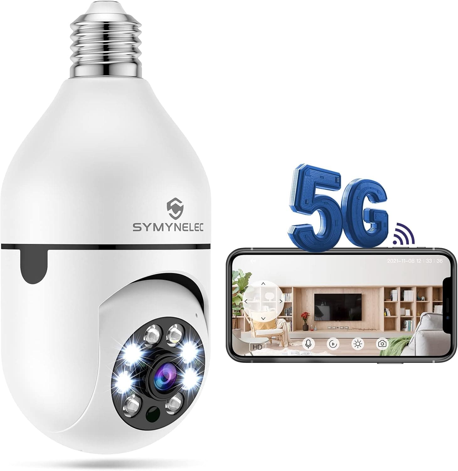 SYMYNELEC 5GHz 2.4GHz Light Bulb Camera, 355 Degree Pan/Tilt Panoramic IP Security Camera, 5G WiFi 1080P Smart Home Surveillance Cam with Motion Detection Alarm Night Vision Two Way Talk Indoor E27