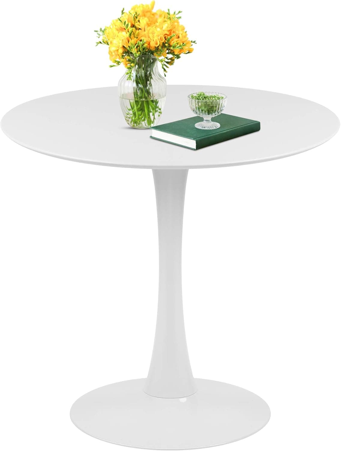 Tomile 32" Tulip Style Dining Table Plywood Round Kithen Dining Table Mid-Century Modern Round top Coffee Table with Metal Pedestal Base (Tulip White Table)