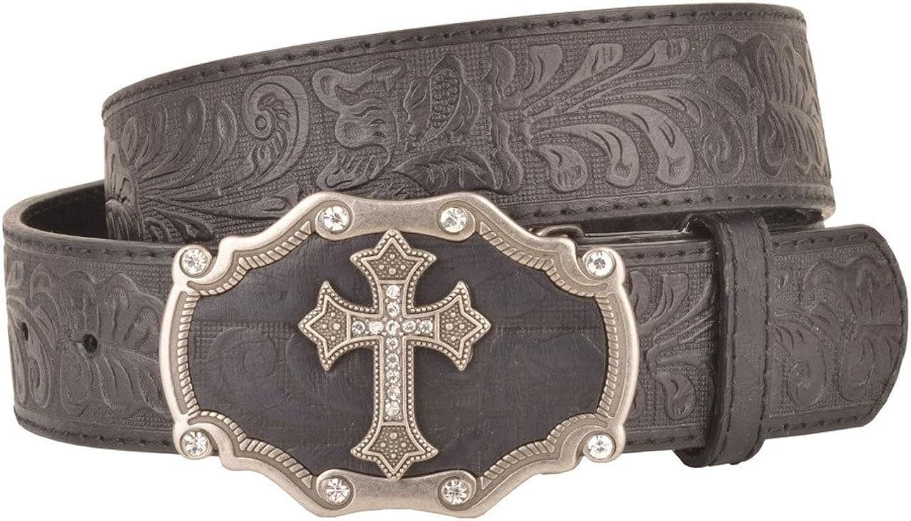 Womens Embossed Pattern Black Leather Belt Silver Cross and Black Buckle
