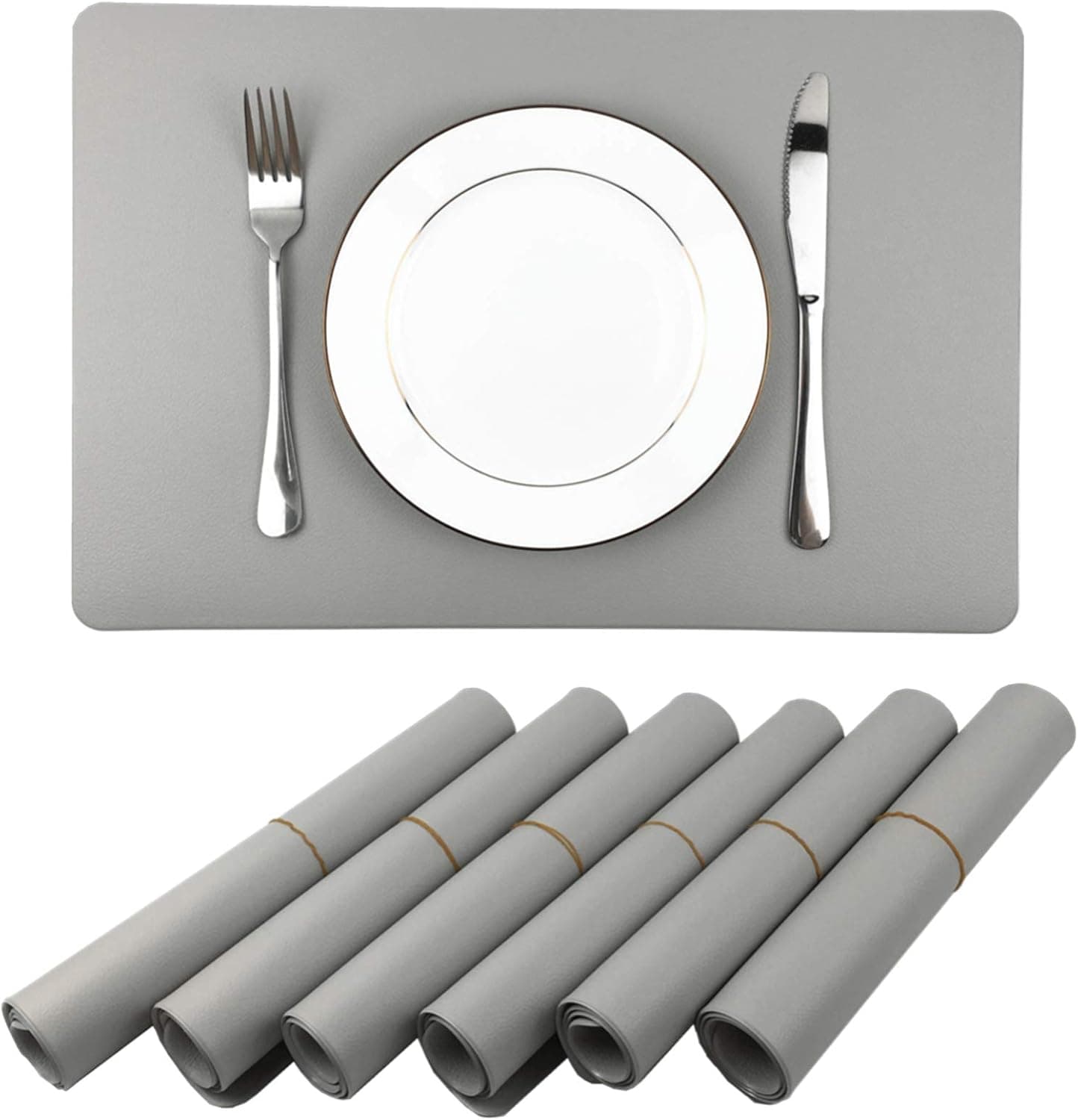 WAZAIGUR Placemats,Placemat for Dining Table Waterproof Easy to Clean Non Slip Heat Insulation Double-Sided Durable Faux Leather Placemats Set of 6(Gray)