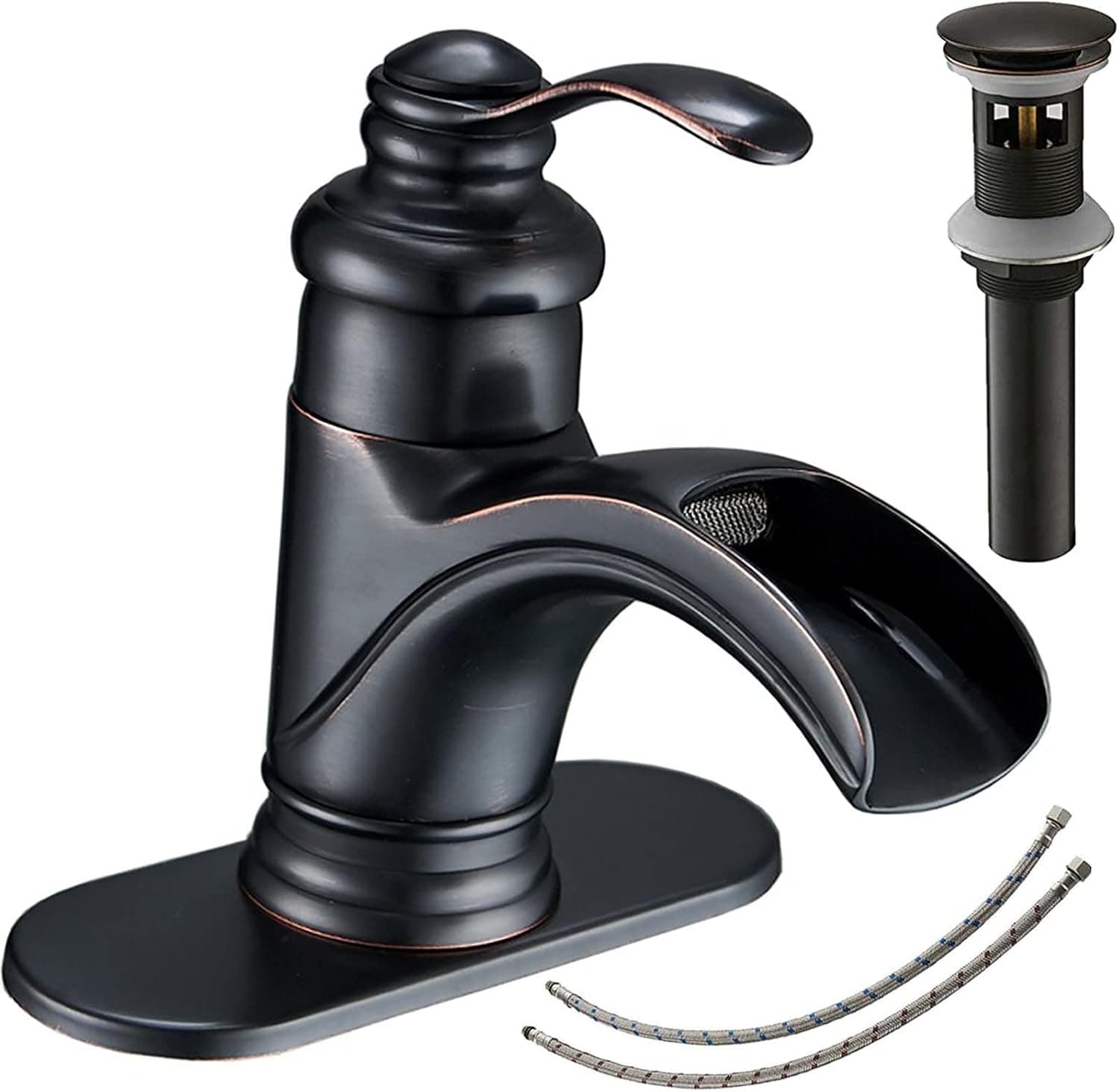 Bathfinesse Oil Rubbed Bronze Bathroom Faucet Farmhouse Waterfall Antique Bathroom Sink Faucets & Parts with Pop Up Drain Assembly Single Vanity Handle Lavatory Pedestal Supply Lines Hose Lead-Free