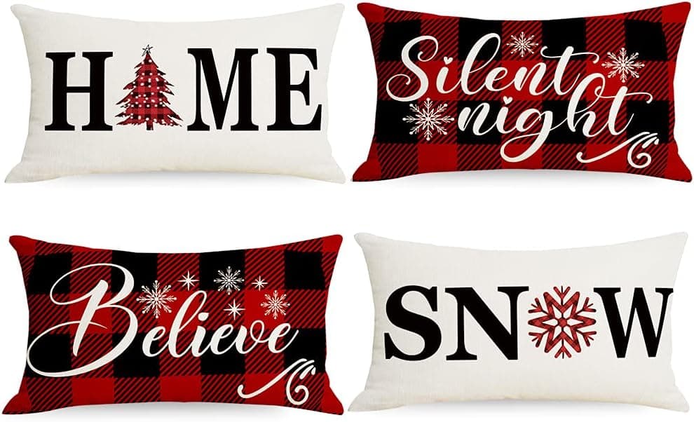 Artmag 12x20 Christmas Snow Home Throw Pillow Covers,Decorative Farmhouse Outdoor Believe Silent Night Xmas Christmas Pillow Shams Cases Slipcovers Set of 4 for Couch Sofa