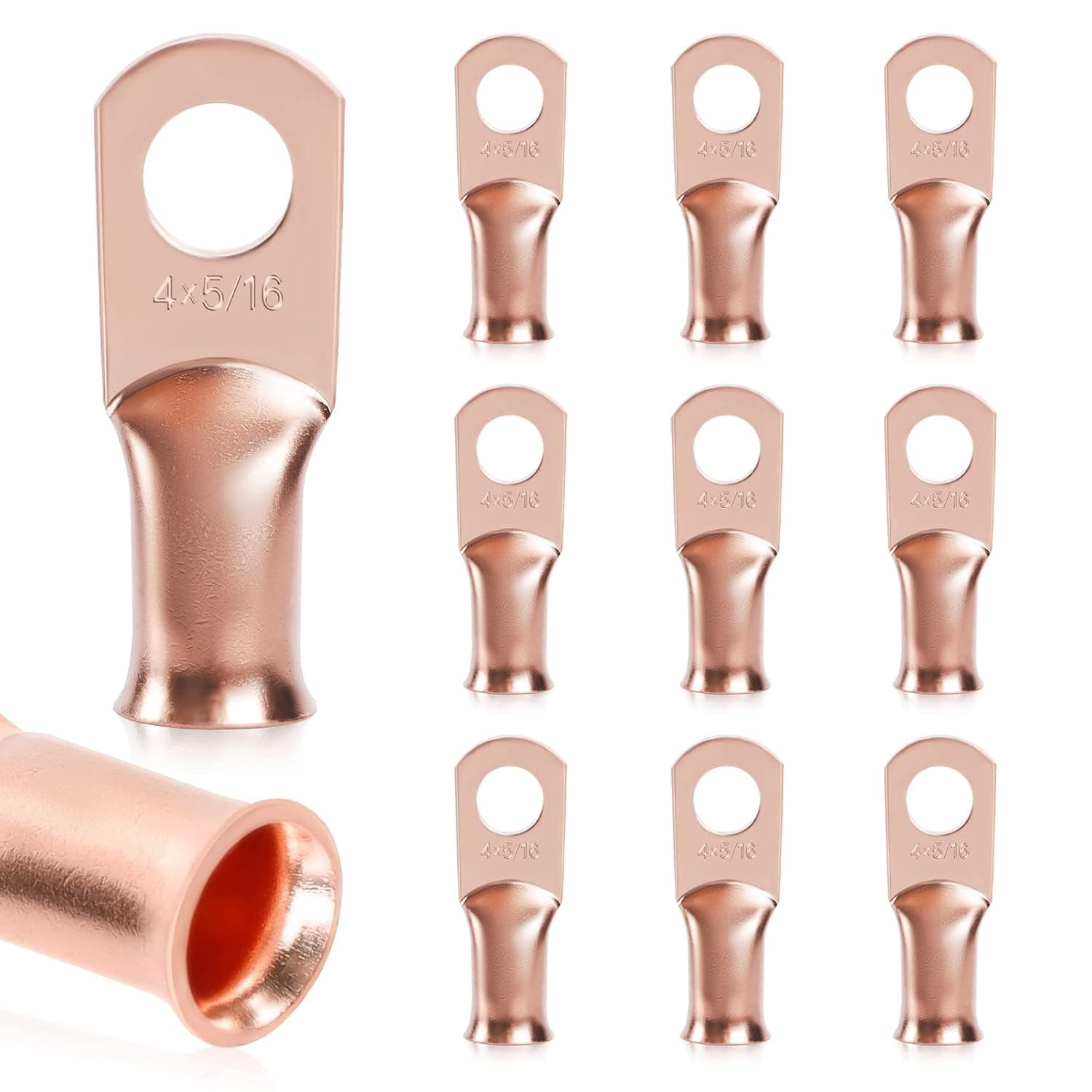 Battery Lugs, 10 pcs 4 AWG 5/16" Stud Syaoone Copper Wire Lugs Terminal Connectors, Battery Cable Ends, Ul Copper Ring Terminals Connector, Heavy Duty Wire Lugs, Car Battery Connectors