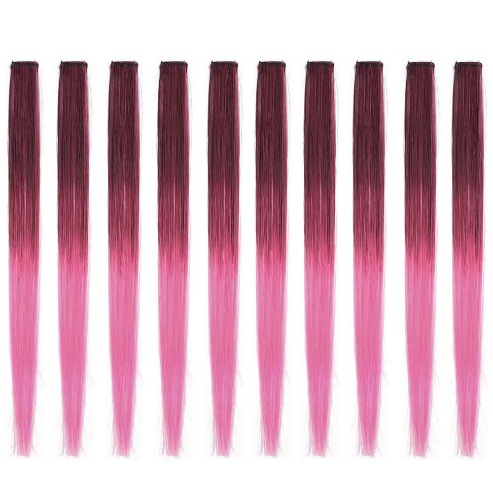 FAELBATY 10 Packs Red Clip in Hair Extensions 22 Inch Colorful Straight Hair Extensions Clip in for Women Multi-Colors Party Highlights Streak Synthetic Hairpieces (gradient red to rose red Color)