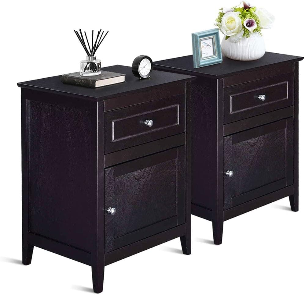 Giantex Wooden End Table with Drawer, 2-Tier Storage Side Table Bedside Sofa Table for Living Room, Bedroom, Solid Structure & Eco-Friendly Pine Material Espresso Coffee Table Nightstand (2)