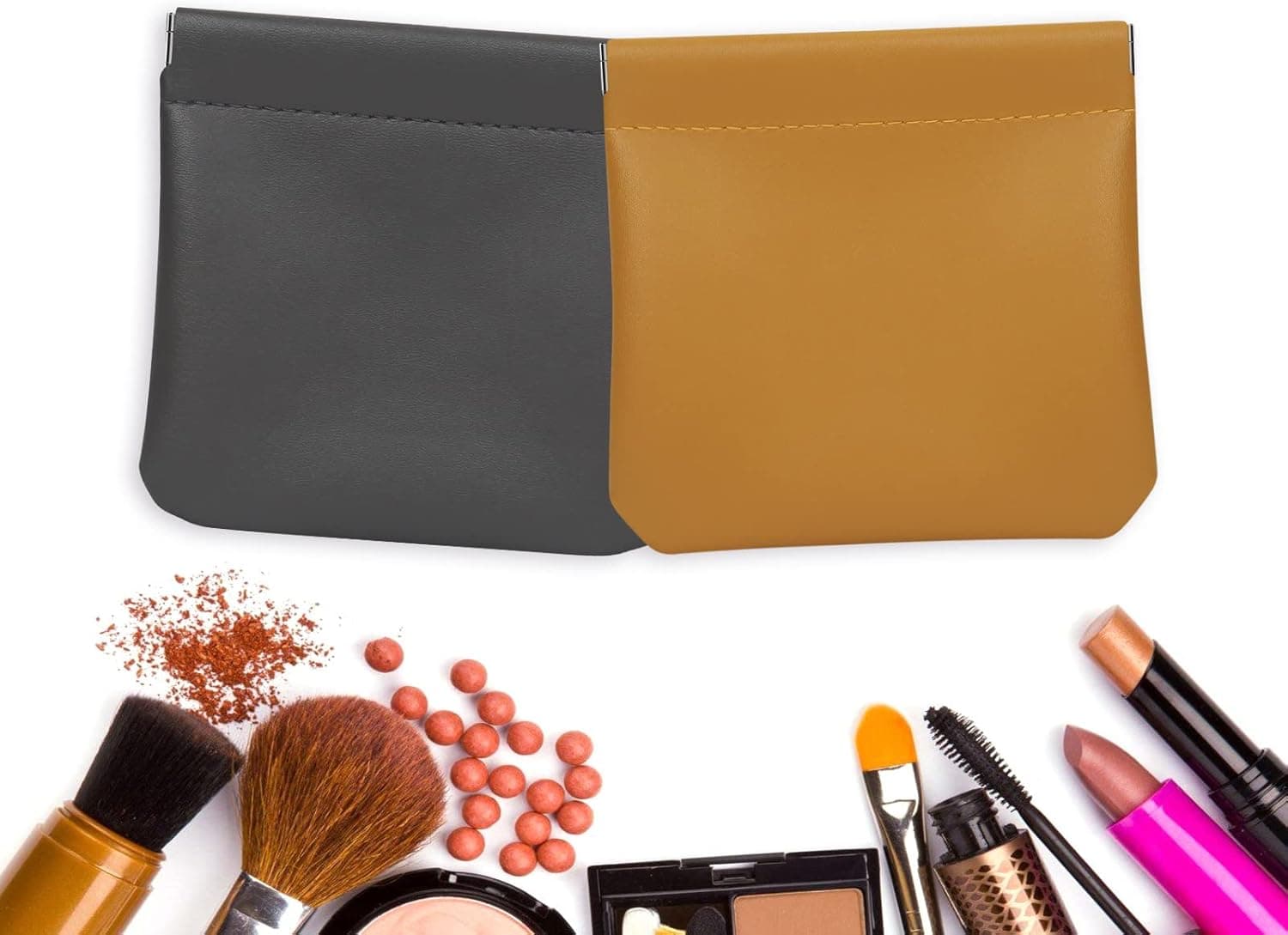 Lambskin Pocket Cosmetic Bag Makeup Organizer, 2pcs Portable Squeeze Top Make Up Bags for Women Ladies, Mini Multipurpose Storage Bag for Travel, Lipsticks, Headphones, Cosmetics, Coins (B)