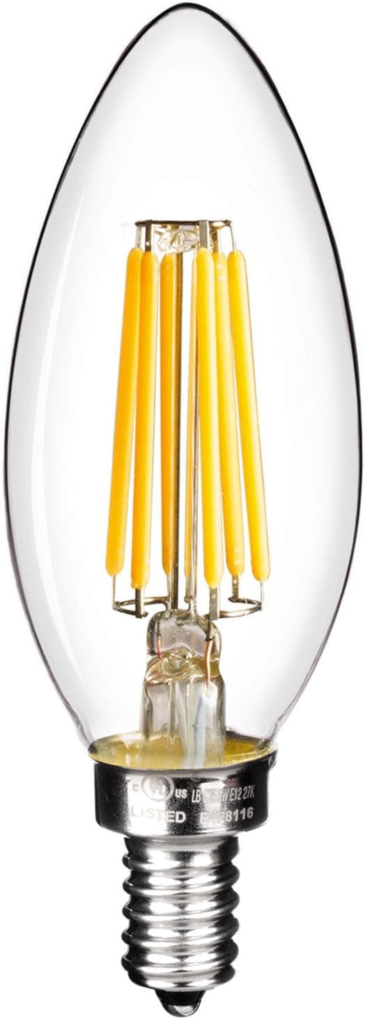 LED 6-Watt Filament Chandelier Light Bulb, Dimmable, Warm White 2700K, 60-Watt Incandescent Replacement, 550 Lumens, E12 Candelabra Base, Torpedo Shape, UL-Listed