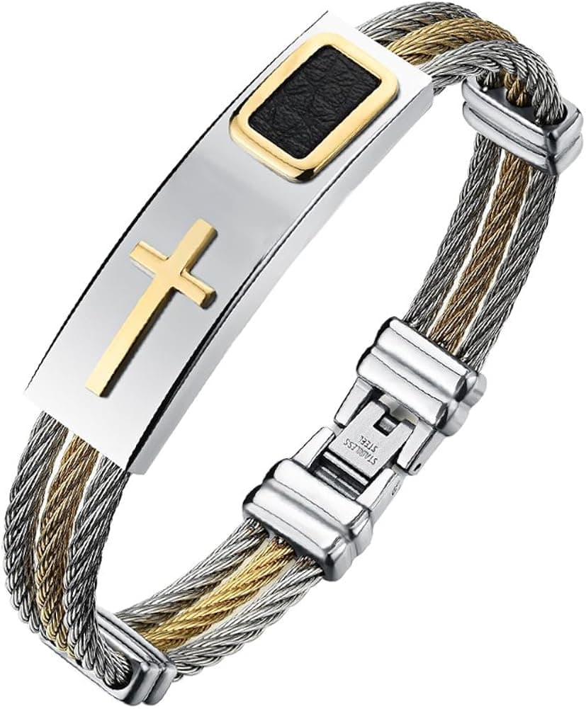 Licemya Bracelet for Men Fashion Jewelry Stainless Steel Bracelets, PU Leather/Stainless Wire Braided Hand Wrist Band, Classic Cross Cuff Bangle with Exquisite Box