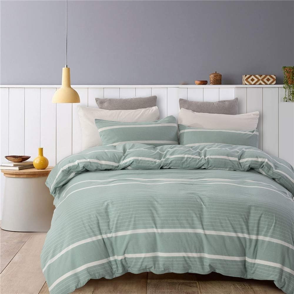 3-piece duvet cover set double bed 100% washed cotton 1-piece duvet cover with zipper and 2 pillowcases, super soft, easy to care, breathable, comfortable and simple style bedding set (King, Green)