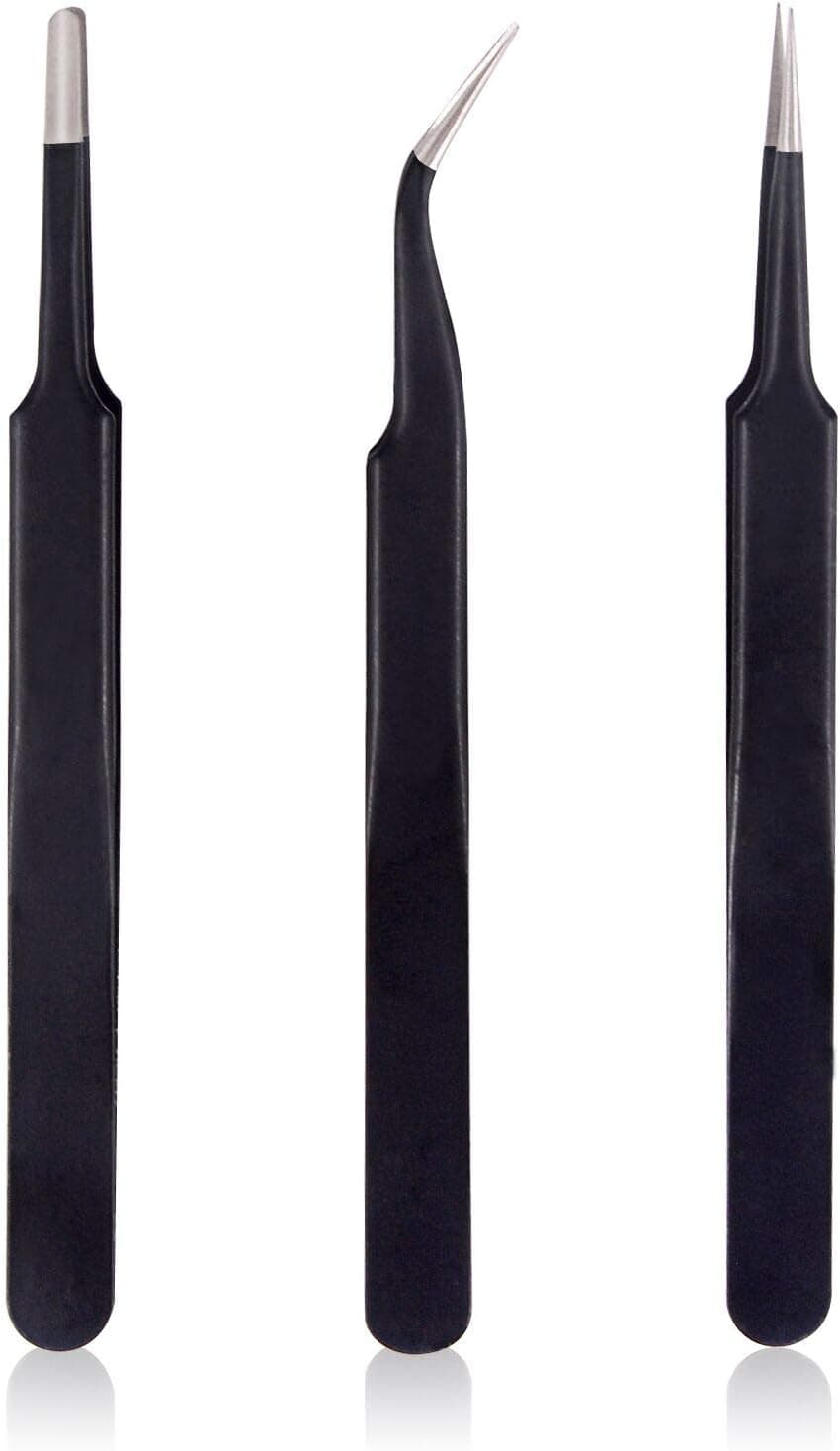 Gomake 3 Pack ESD Tweezers Tool Set Stainless Steel Straight Curved Tweezers Kit Curved Tweezers for Makeup, Craft, Jewelry, Electronics